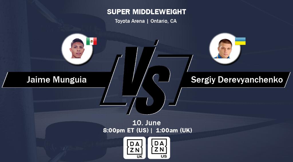 Figth between Jaime Munguia and Sergiy Derevyanchenko will be shown live on DAZN UK(UK) and DAZN(US).